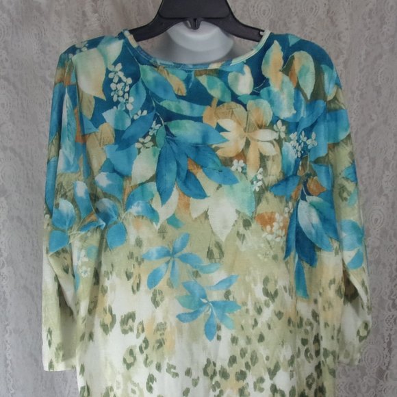 Alfred Dunner Knit Floral Top Turquoise Blues Beige NWOT Size L - Picture 3 of 4